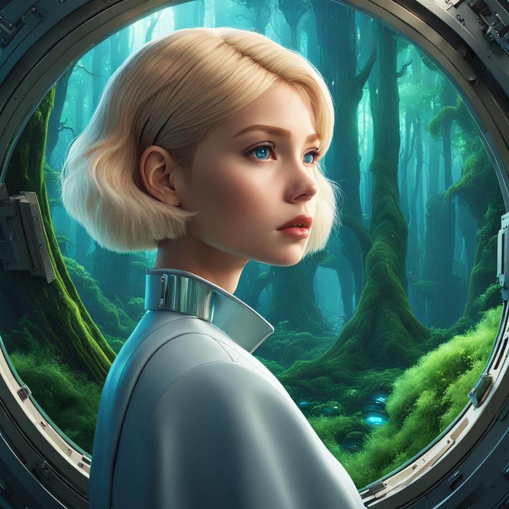 Contemplative Girl on Spaceship Overlooking Alien Forest