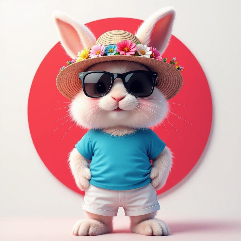 Fluffy Pink Rabbit in Sunglasses and Flower Hat