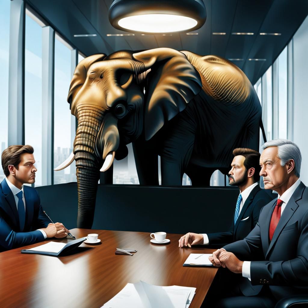 Corporate Meeting Ignores Elephant: Hyperrealistic Photo