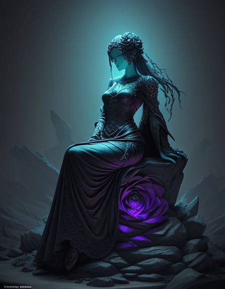 Giant Stone Rose Holds Ethereal Figure in Gothic Fantasy Art