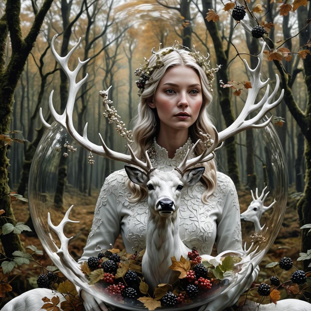 White Deer in Autumn Forest Globe: 3D Portrait