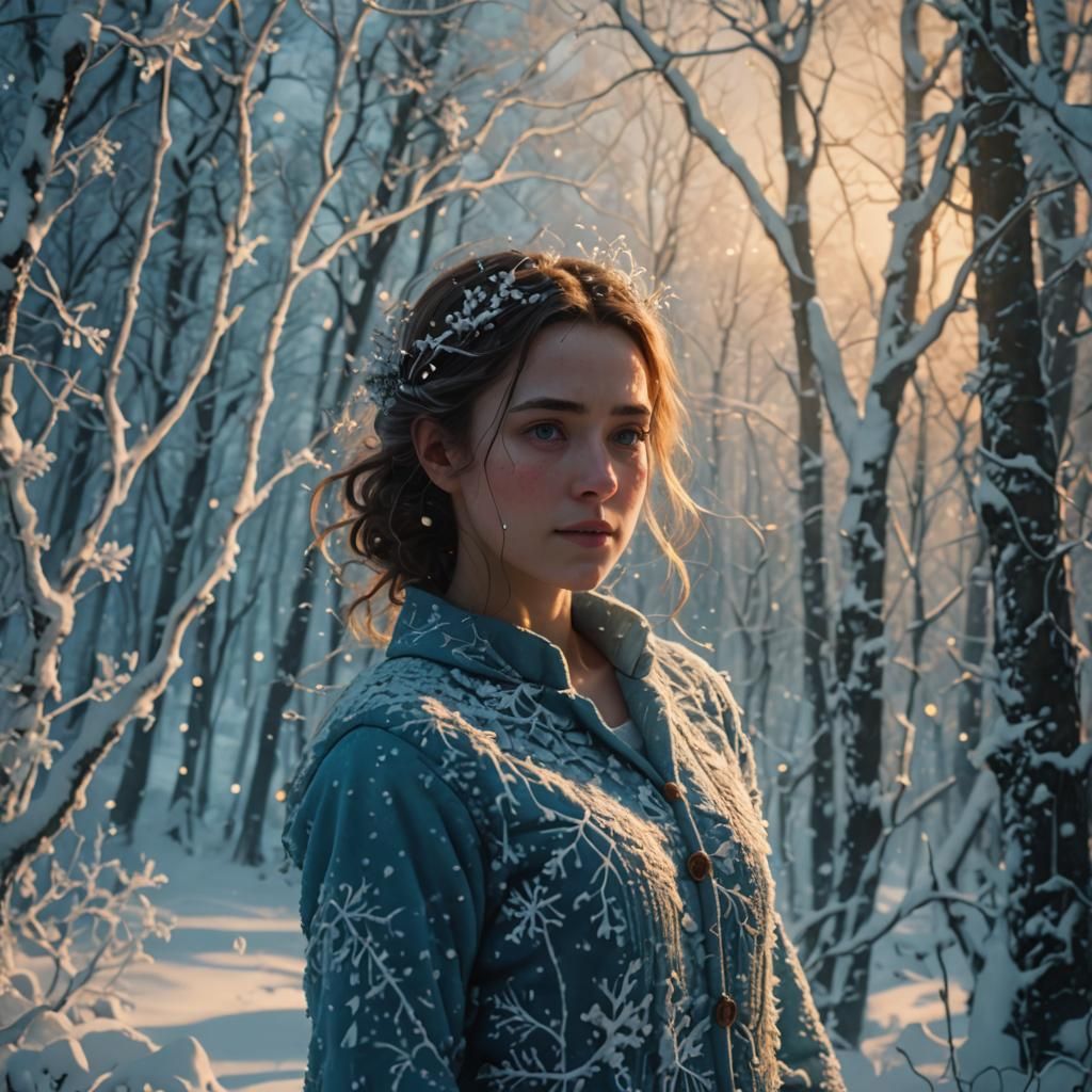 Woman in Winter Pajamas in Snowy Forest