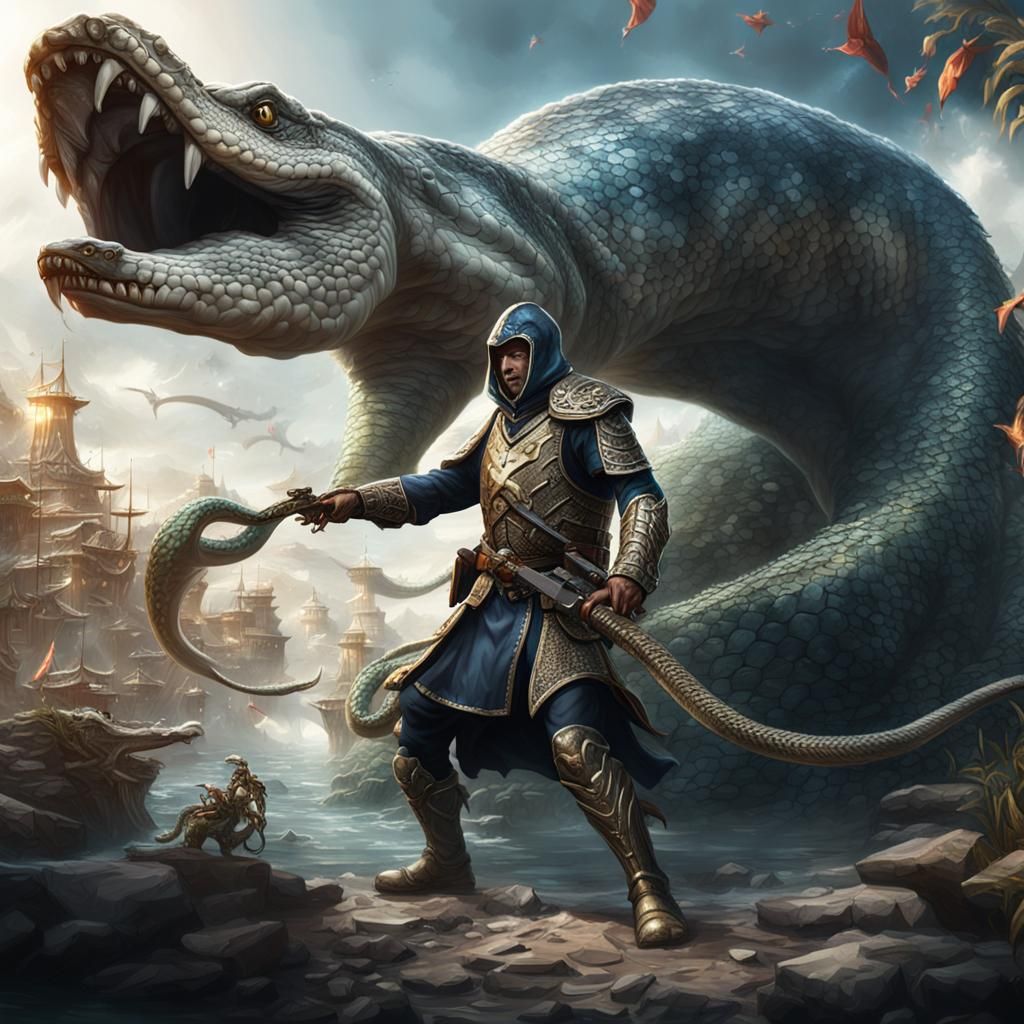 Warrior in White Armor Fighting Sea Serpent