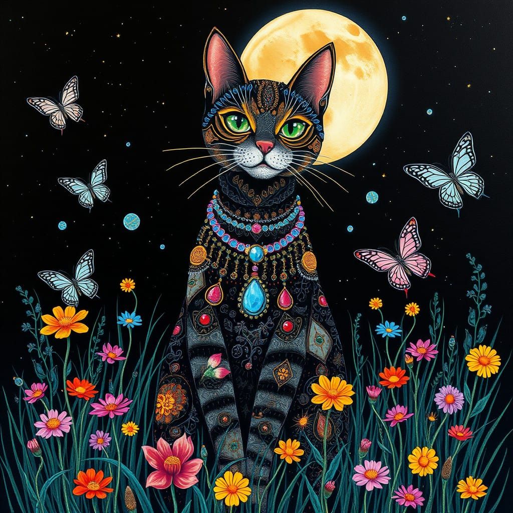 Naive Masterpiece: Tall Tabby Cat in Whimsical Zentangle Won...