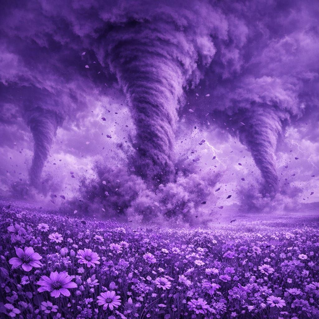 Purple Hues: Tornadoes Over Flower Field in 3D
