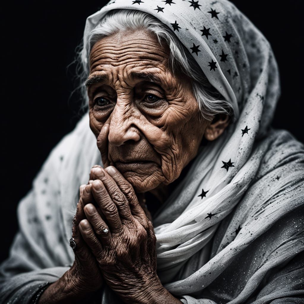 Old Woman Praying Under Starry Sky Portrait