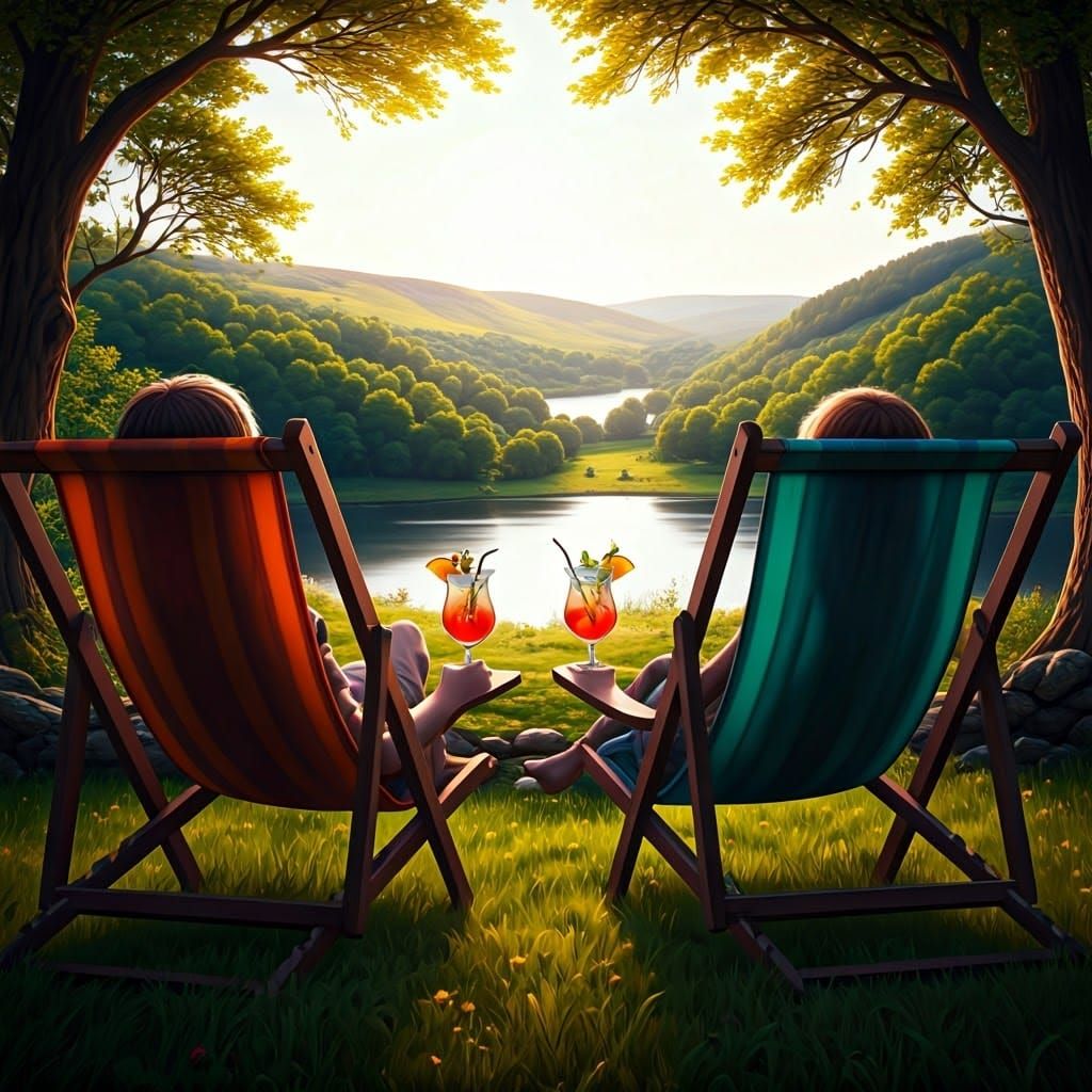 Couple Relaxing in Vintage Deckchairs Amidst Yorkshire Lands...