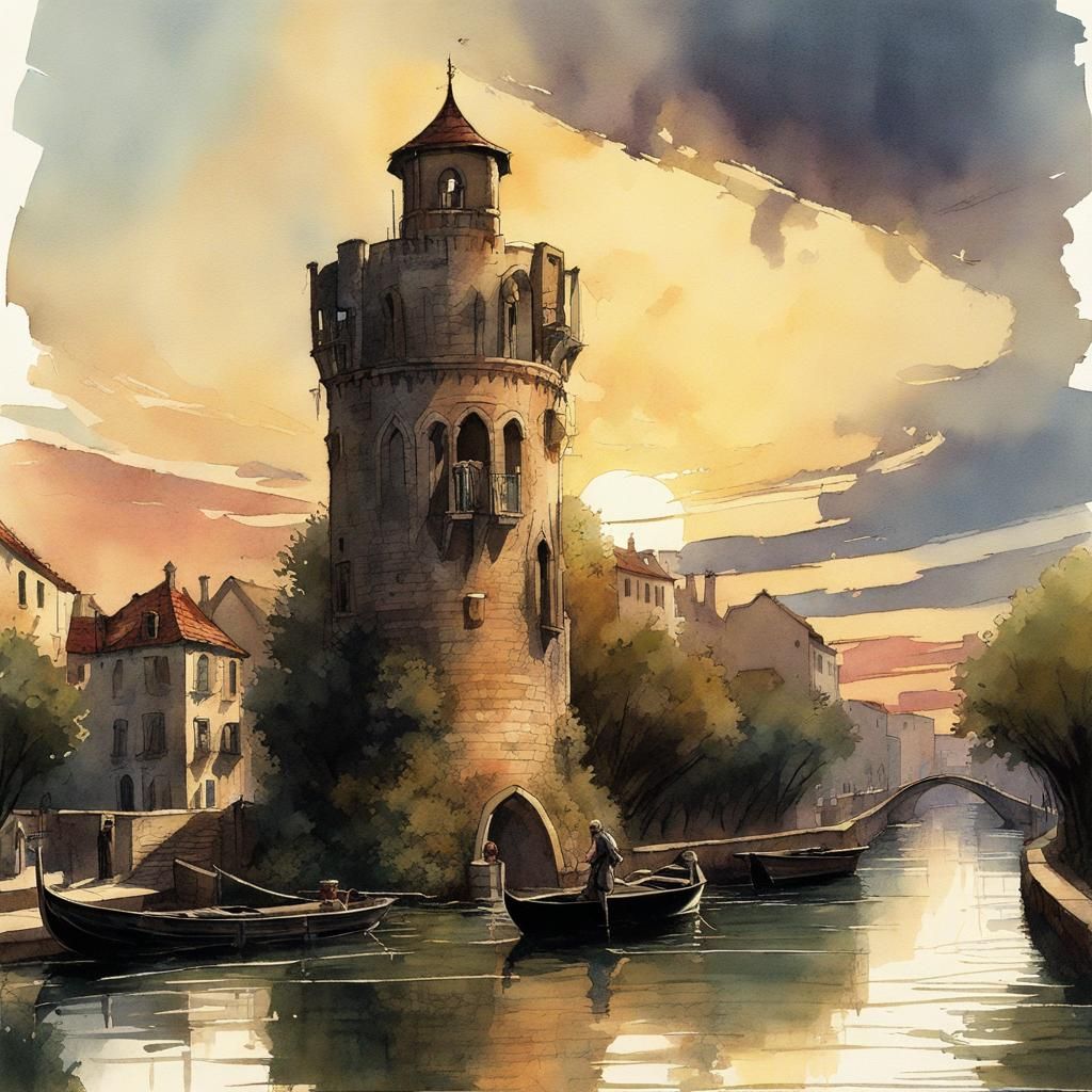 Renaissance Tower Guarding Canal in Comic Book Style