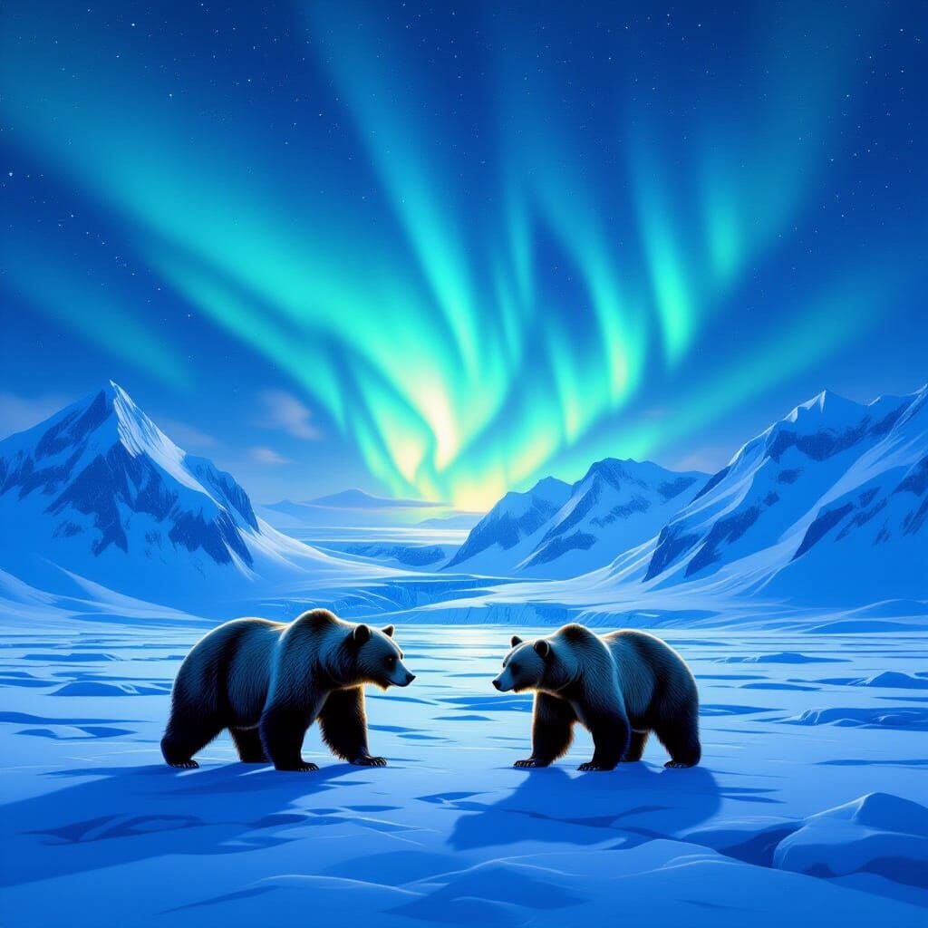 Grizzly Bears Under Aurora Borealis on Frozen Tundra
