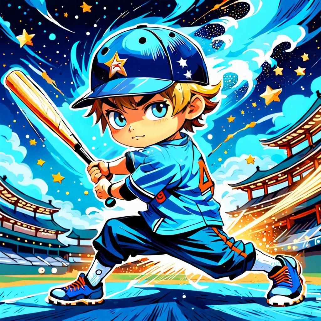 Chibi baseball player swinging a bat , concept art, splash art, high resolution, gorgeous eyes, fantasy illustration, te...