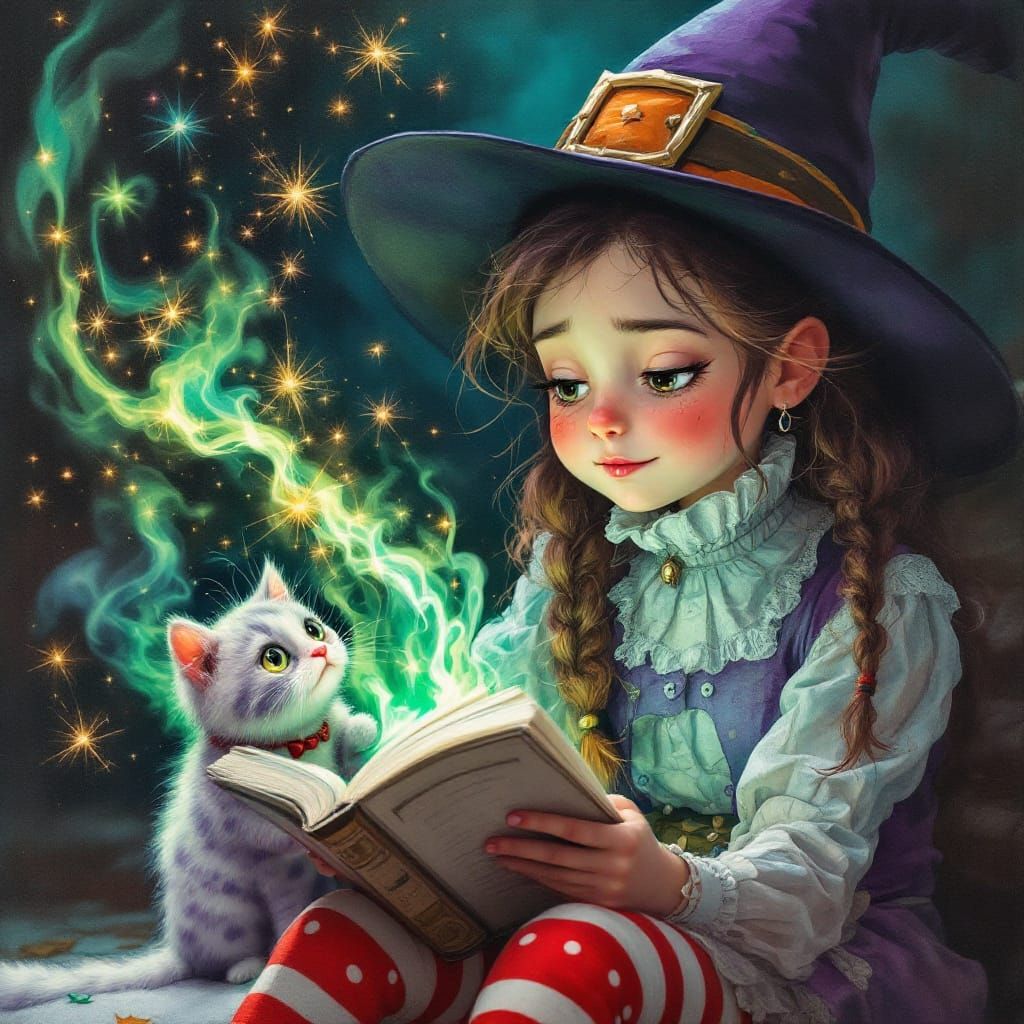 Cute Witch Casting Spell on Surprised Cat