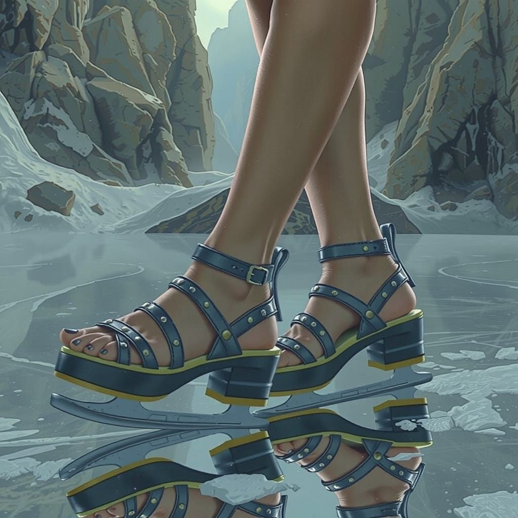 Woman's Feet in Ethereal Grey Ice Skates, Frozen in Mid-Glid...