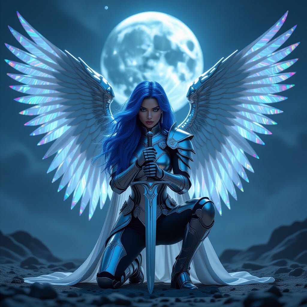 Blue-Haired Angel on Battlefield as Photorealistic 3D Art