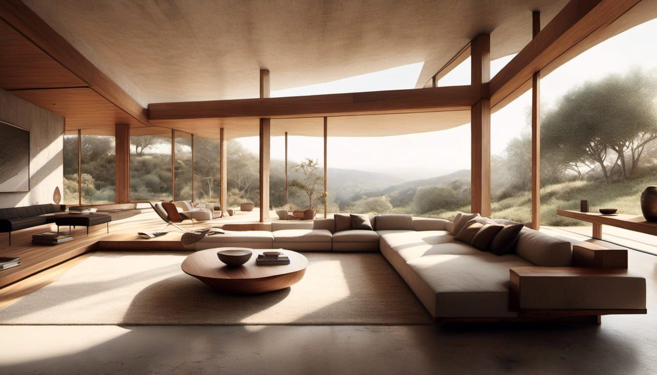 Minimalist Living Room in Wright Style with Sunlight