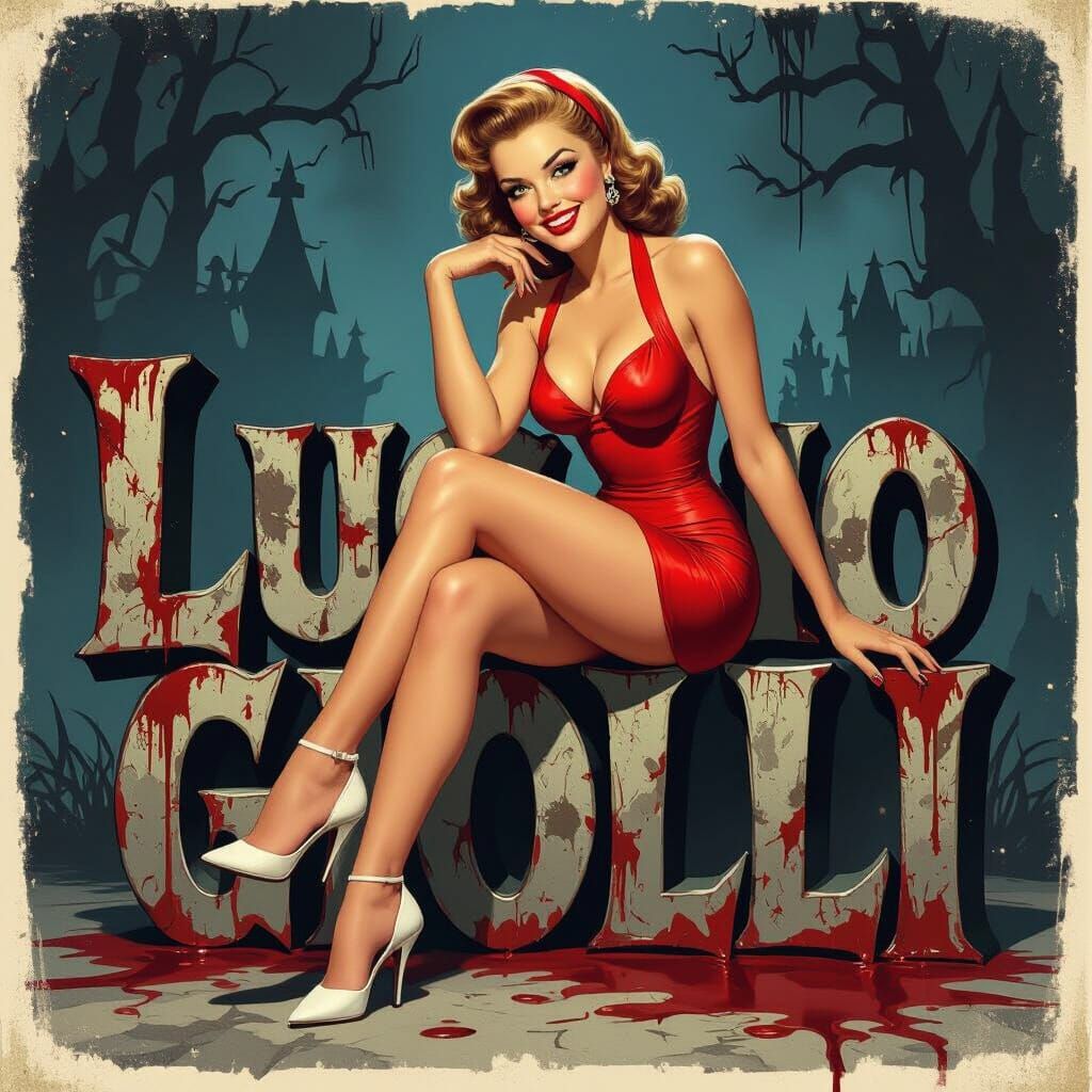 1950s Pin-Up Girl on Gothic Letters in Horror Style
