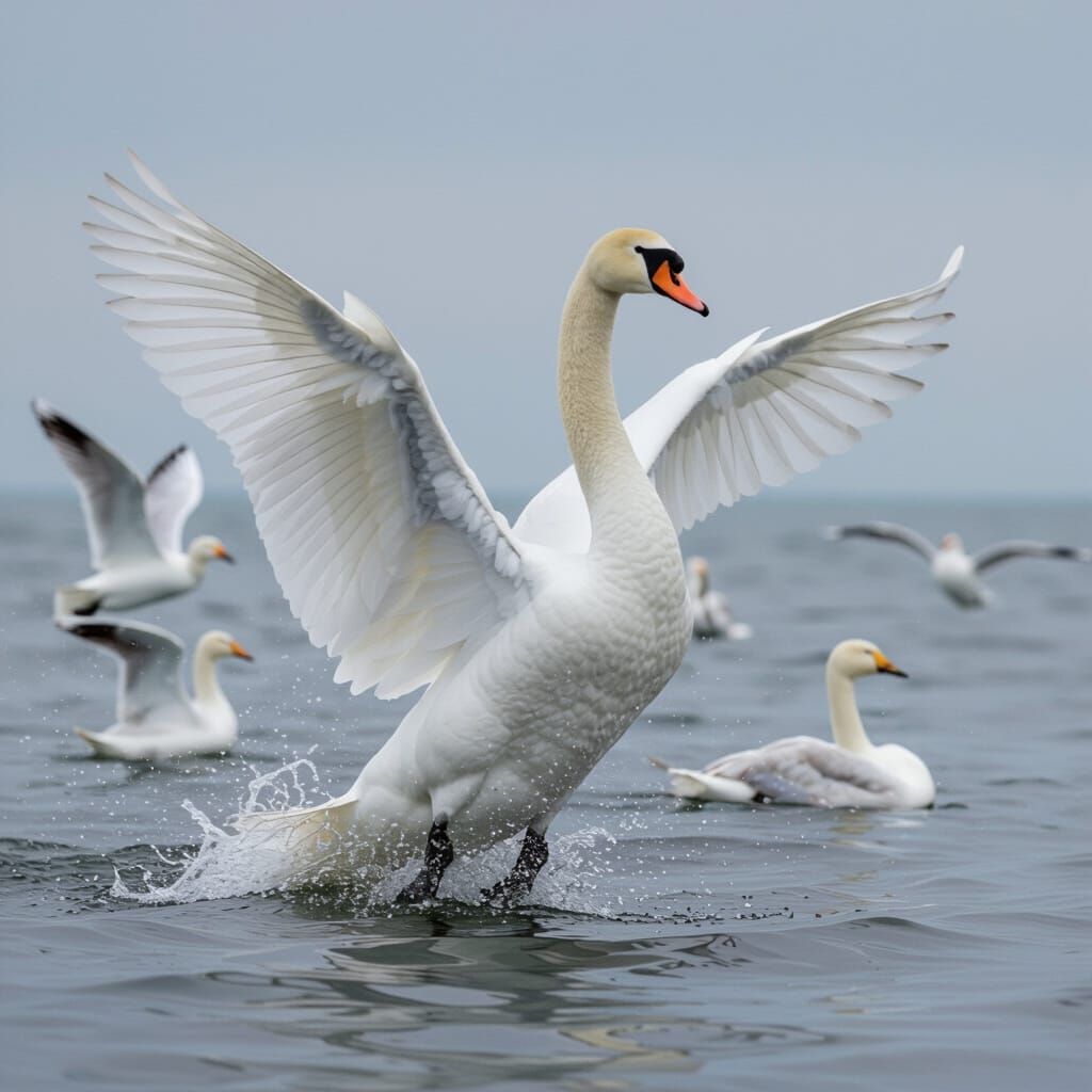 Swan Takes Flight from Sea Amidst Other Birds