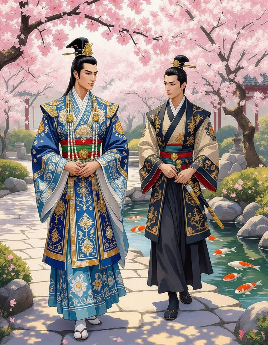 Regal Asian Prince in Palace Garden, Vibrant Illustration