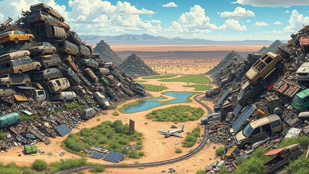 Vibrant Scrapyard Desert Landscape in Anime Style