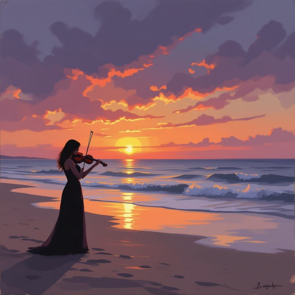 Melancholy Violinist on Beach at Dusk