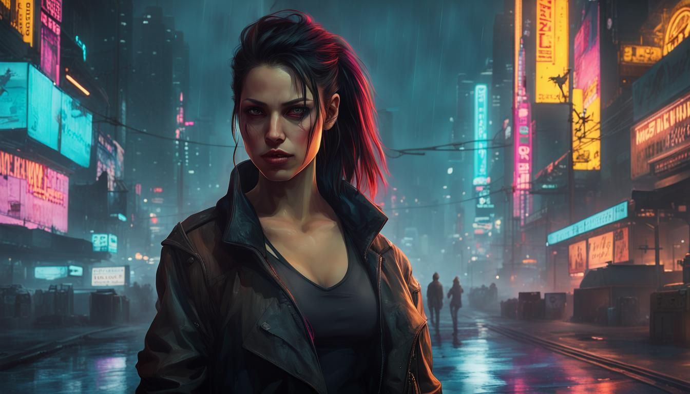 Cyberpunk City Street Scene with Sarah Shahi Look-alike