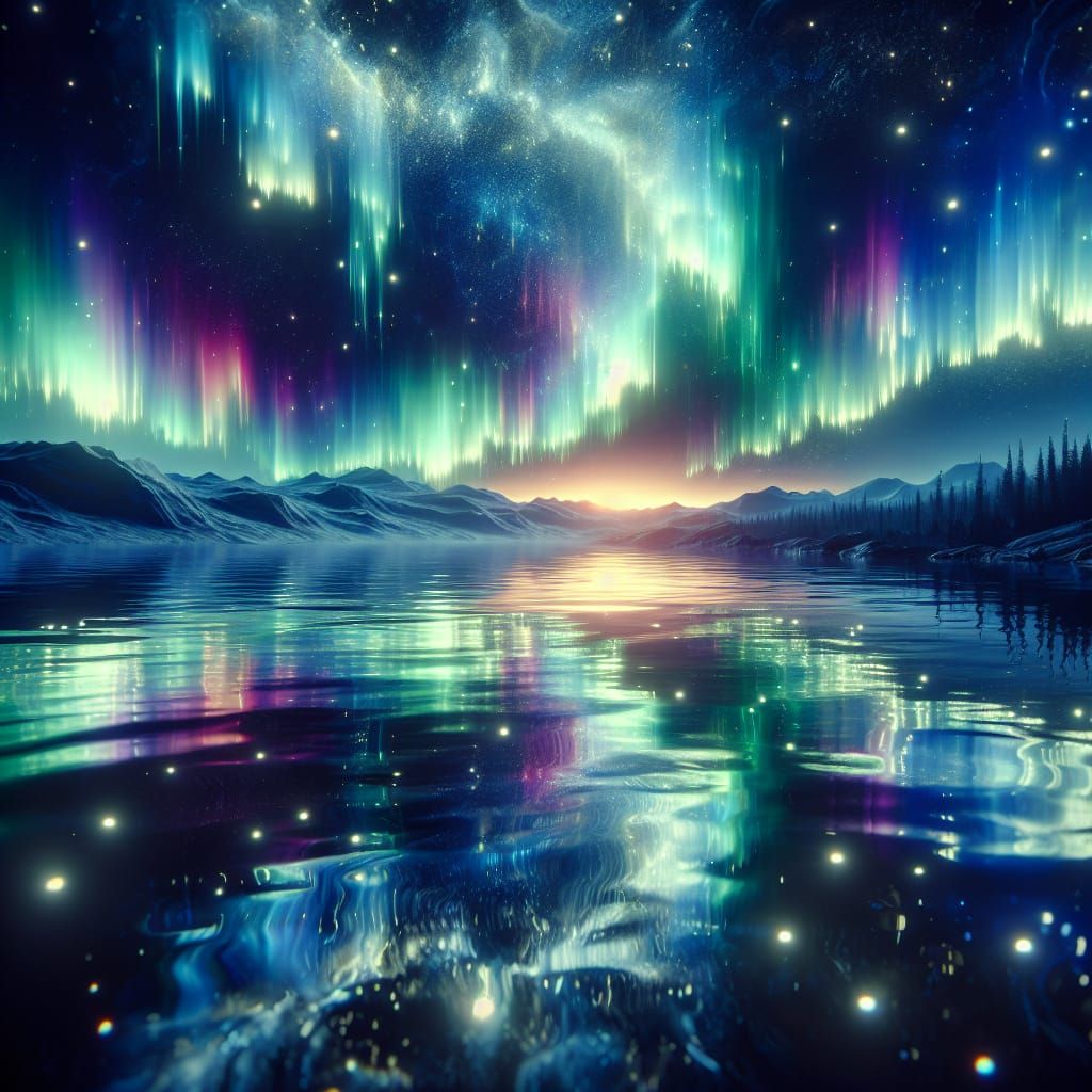 Arctic Midnight Aurora Borealis Reflection in Bioluminescent...