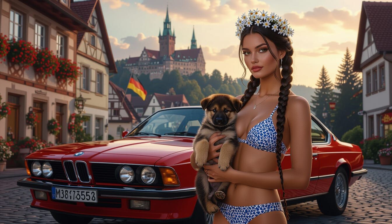 Woman with Edelweiss Crown, BMW, and Puppy