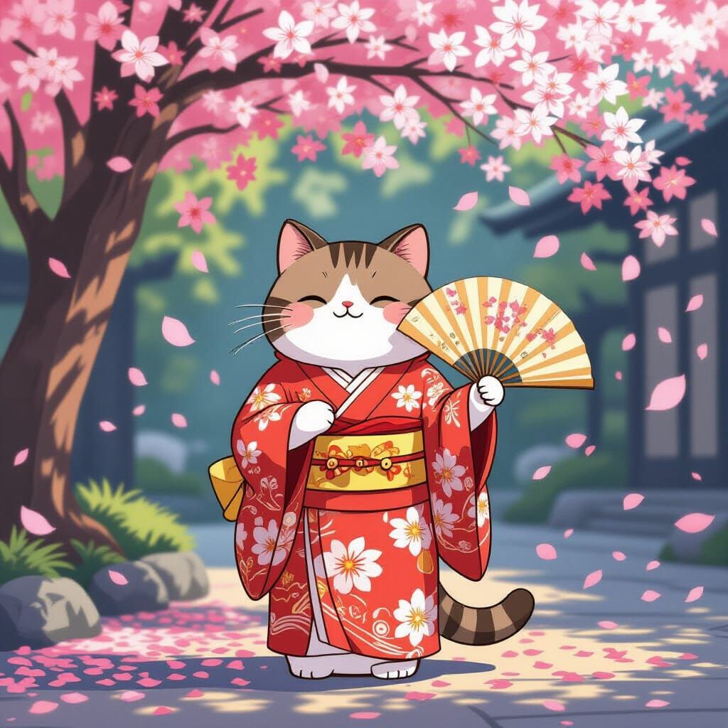 Pusheen in Kimono Under Cherry Blossoms