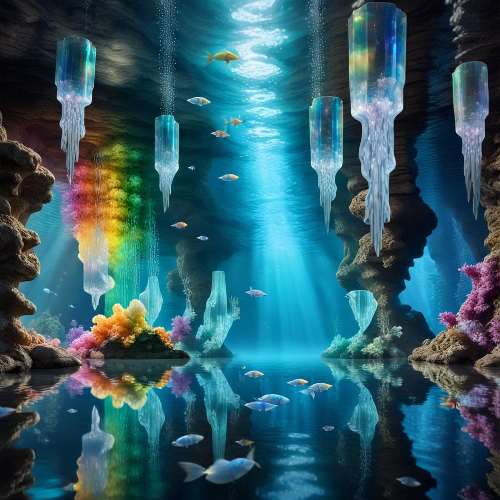 Magical Underwater Crystal Cavern with Rainbow Koi