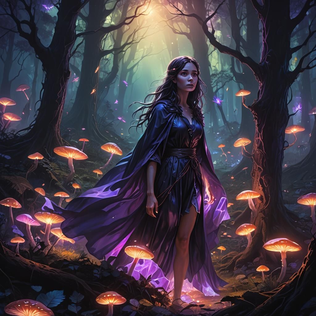 Mystical Forest Girl with Glowing Sheet in Neon