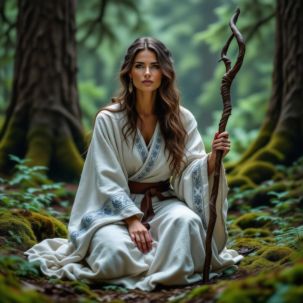 Woman Performs Moon Ritual in Ancient Forest