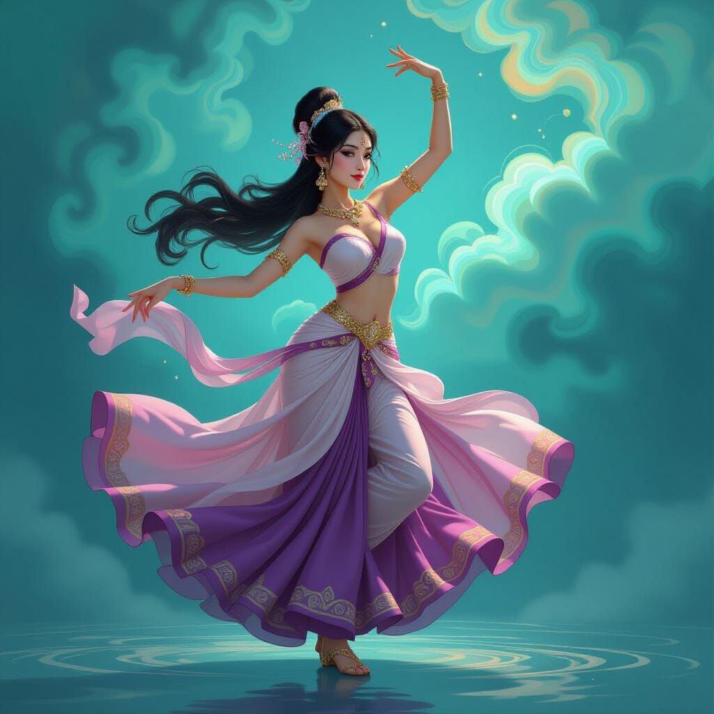 Apsara Dancer in Flowing Silk Amidst Swirling Clouds