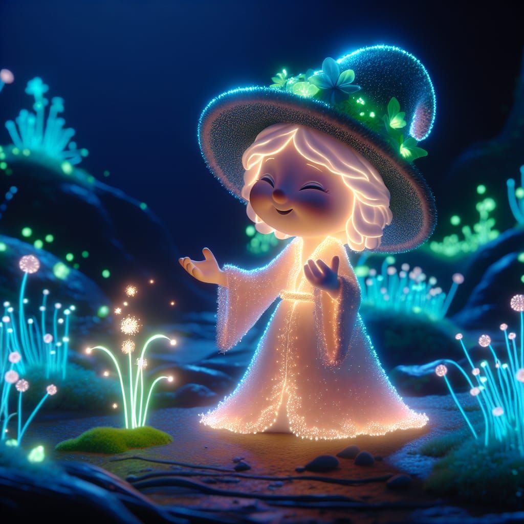 Disney Pixar style 3D adorable little enchanted glitter Druid, in a Bioluminescent world