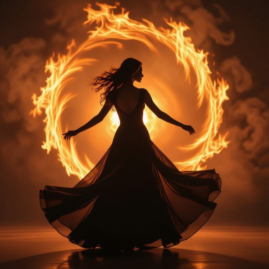 Woman in Fiery Dress Dances in Epic Composition