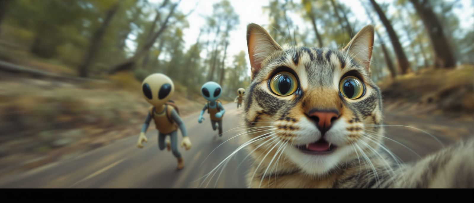 Tabby Cat Selfie with Surprised Eyes and Alien Pursuit
