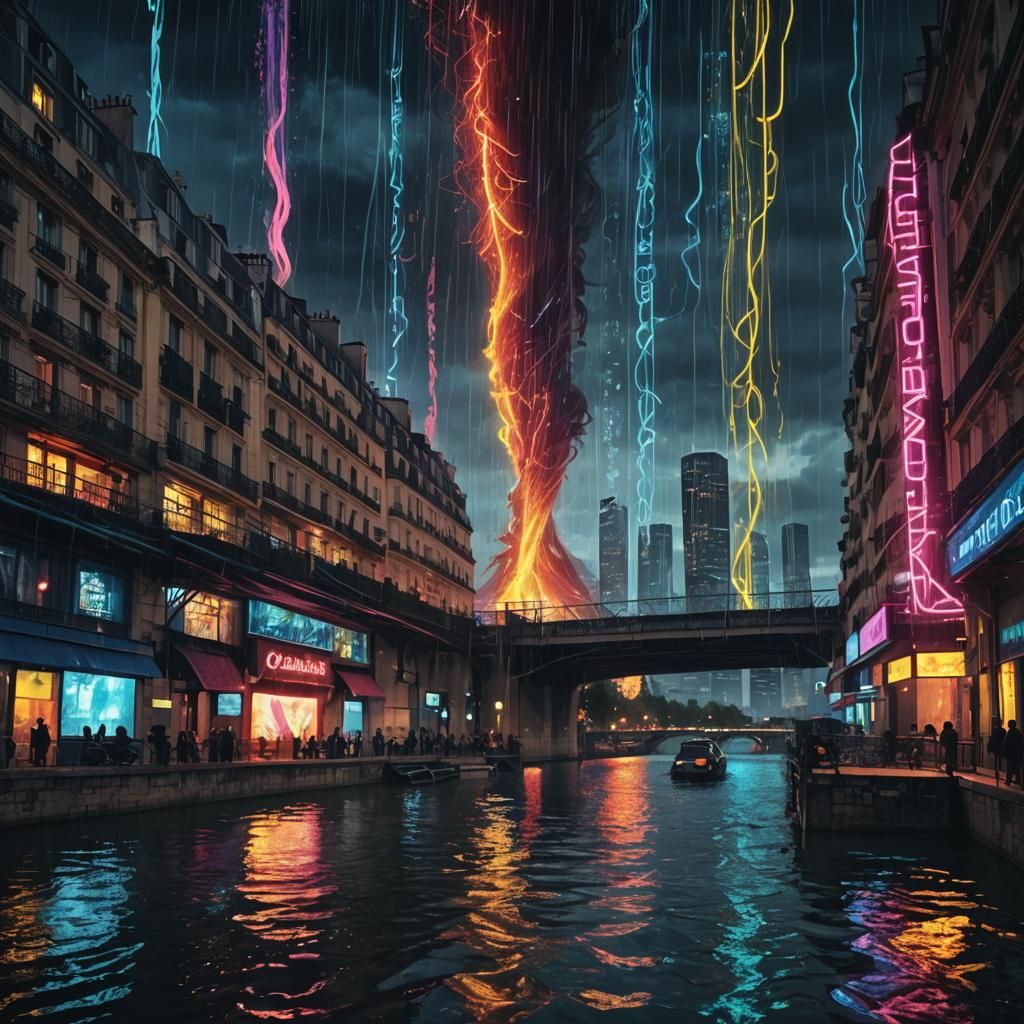 Cyberpunk Code Tornado Over Paris at Night