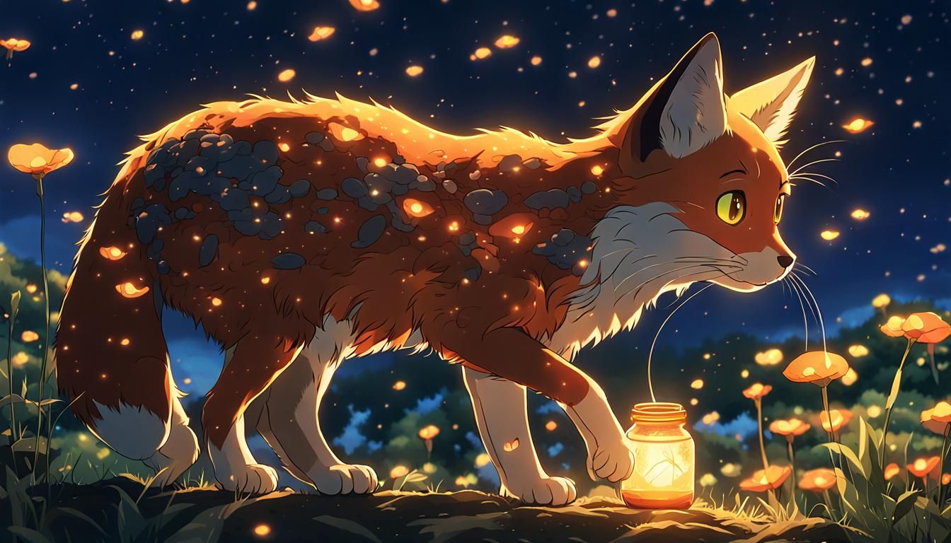 Cute Catfox Hybrid with Fireflies in Ghibli Style