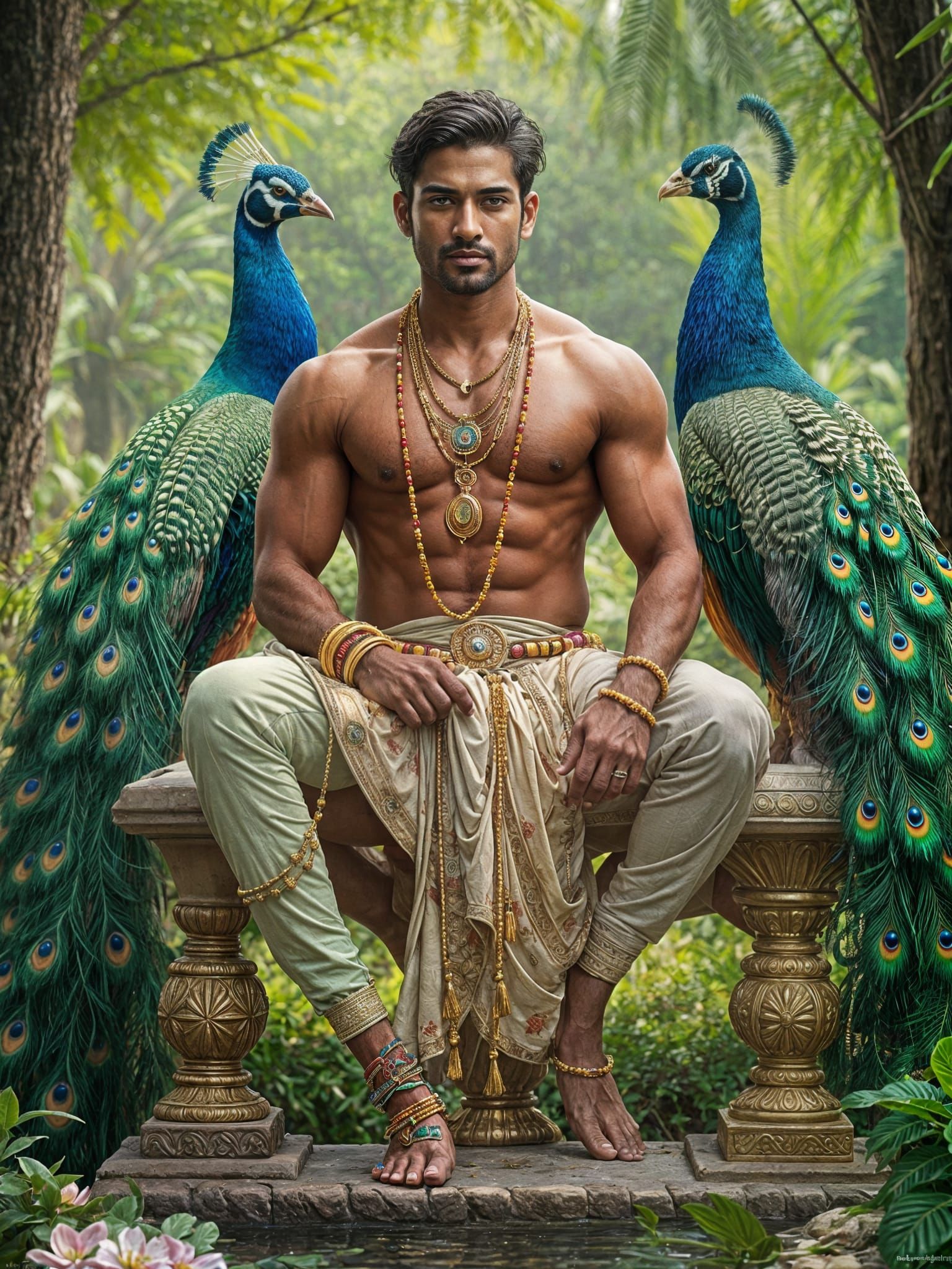 Handsome Indian Man in Lush Garden, Hyperrealistic Style
