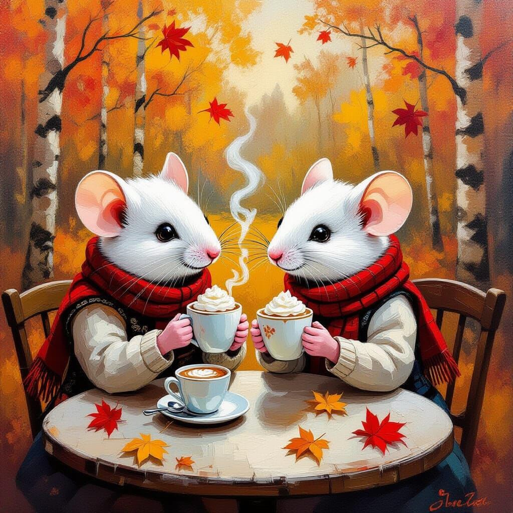 Mice Couple at Autumn Cafe in Expressionist Style