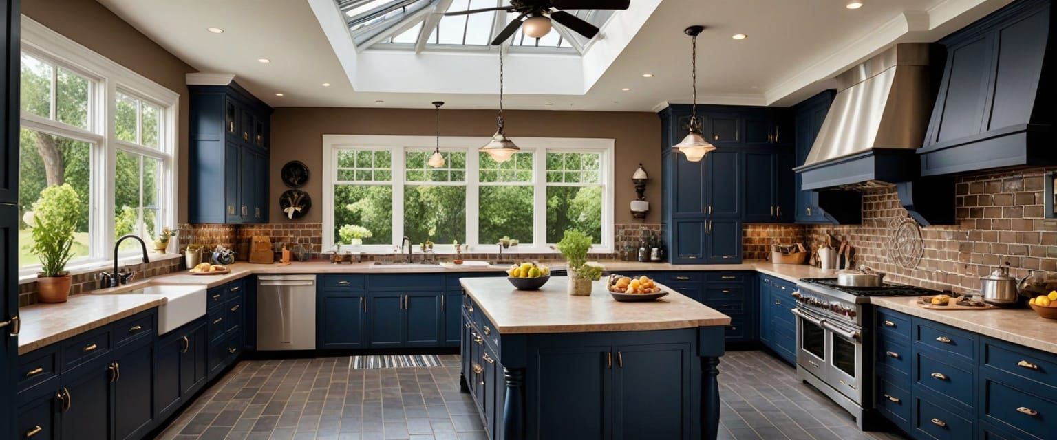 Luxurious Modern Kitchen with Dark Blue Cabinets and Bright ...