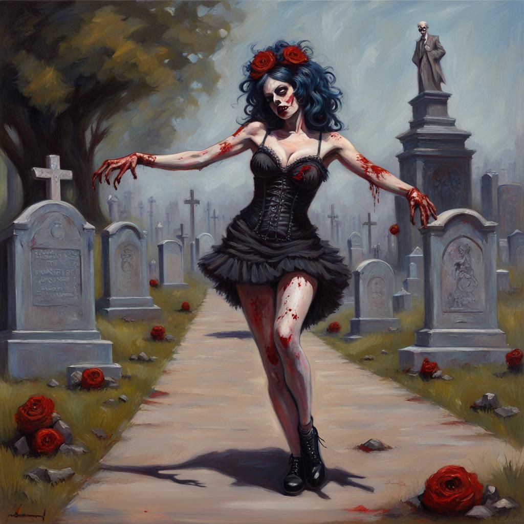 Zombie Burlesque Dancer Dancing In the Cemetery
