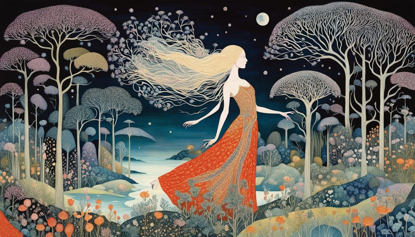 Dreamlike Goddess with Lush Patterns and Mystical Creatures