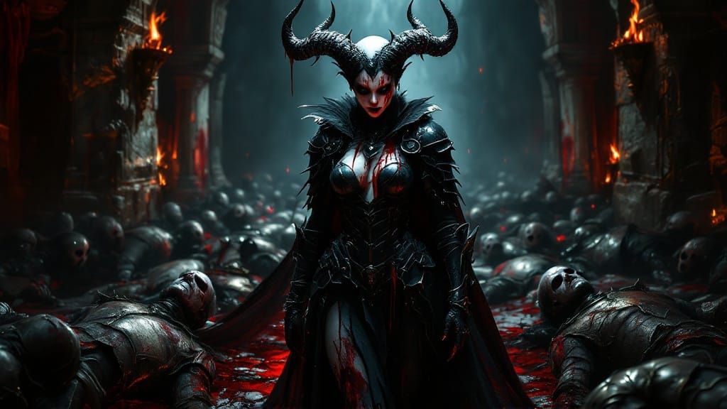 Ethereal Demoness in Tattered Armor Amidst Gothic Ruins