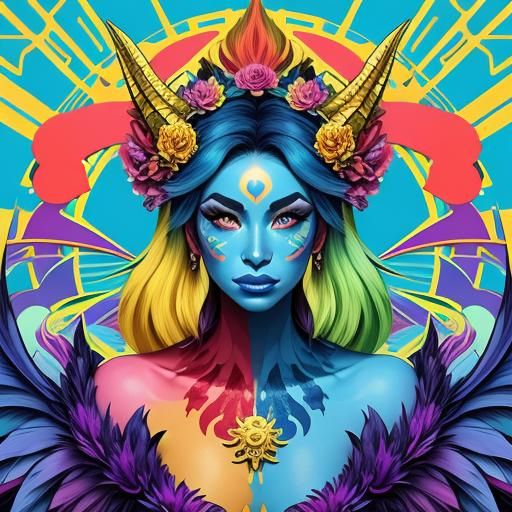 Rainbow Dragon Woman with Flower Crown in Pop Art