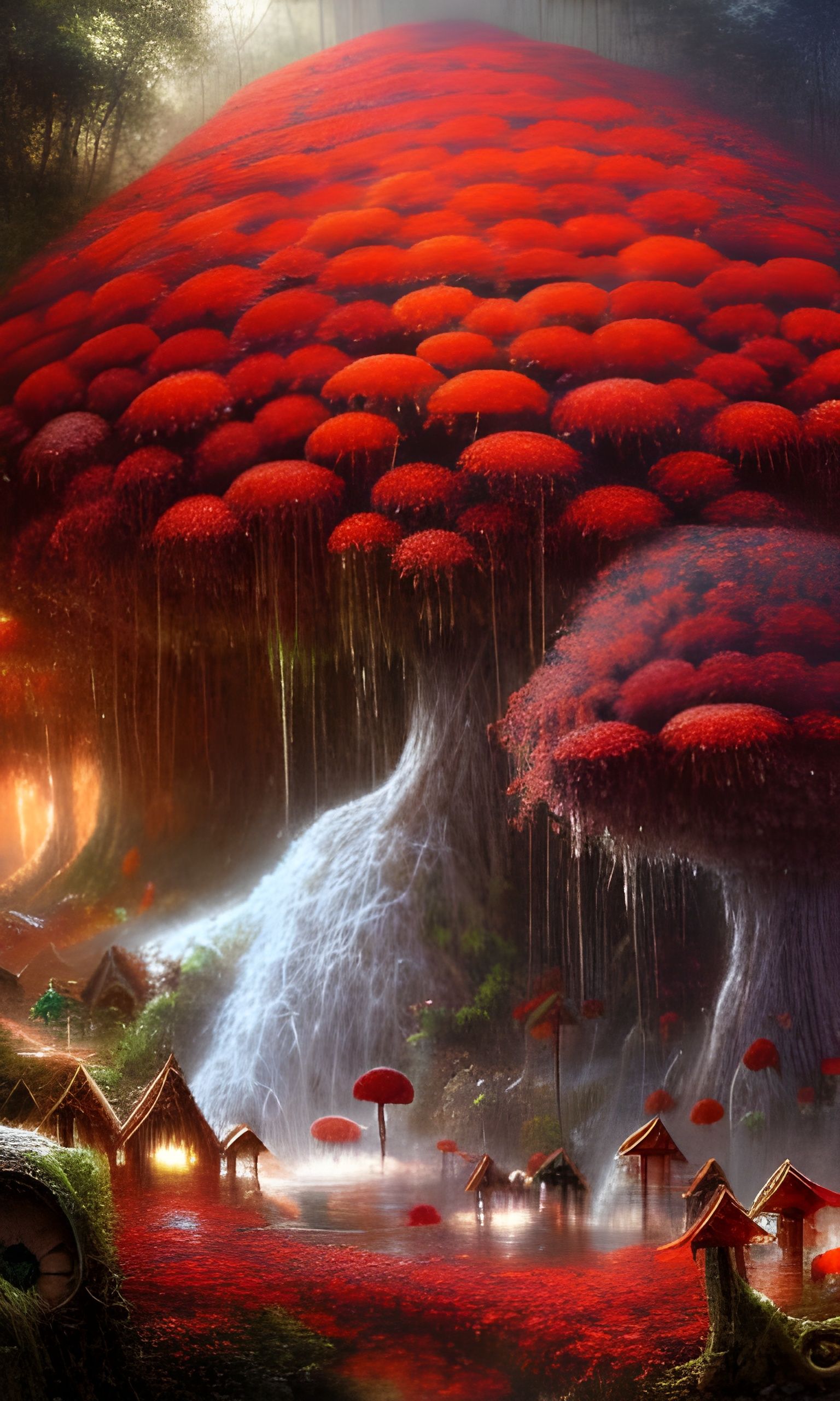 Magical Mushroom Metropolis with Waterfall, Hyperdetailed