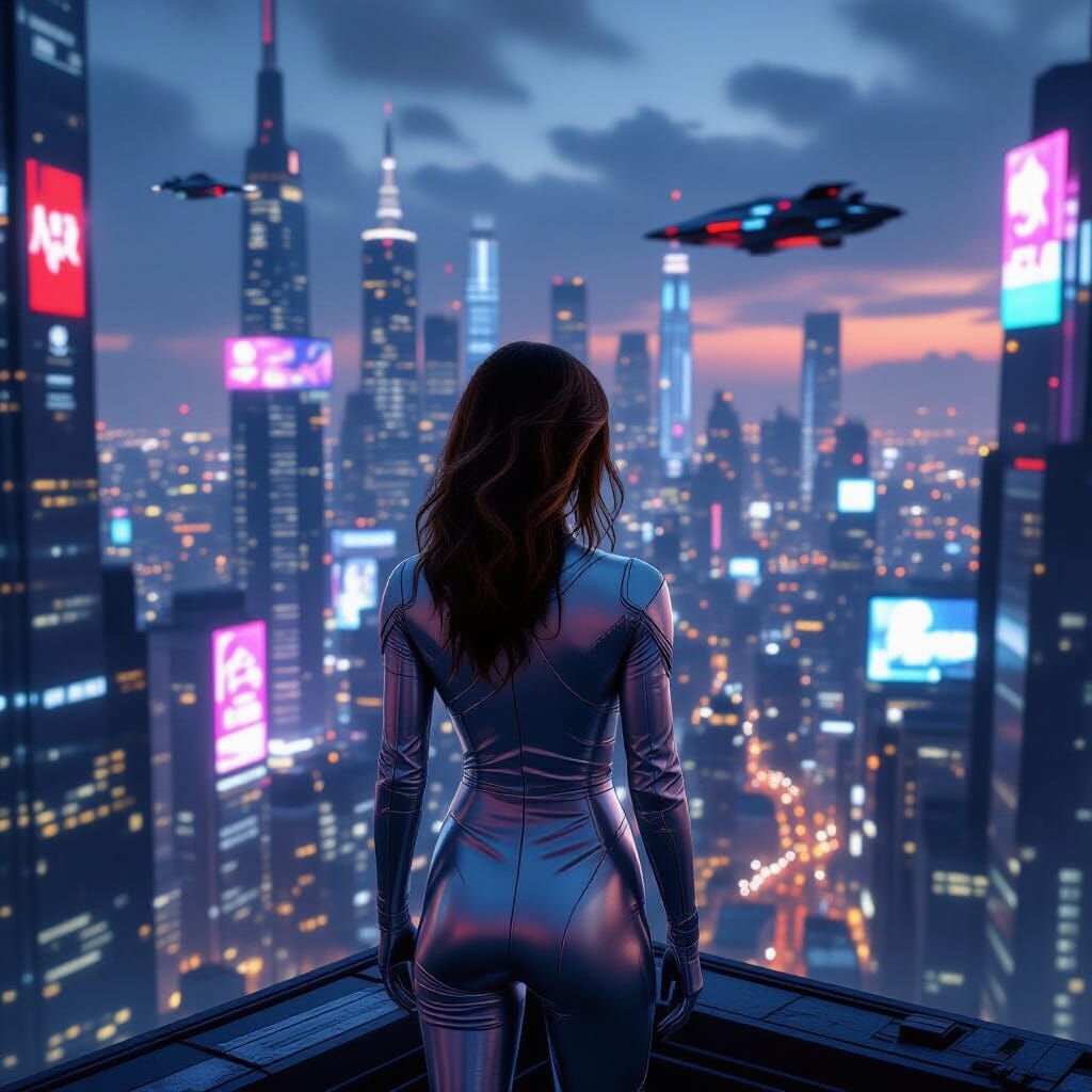 Futuristic Woman in Neon Cityscape Digital Matte Painting