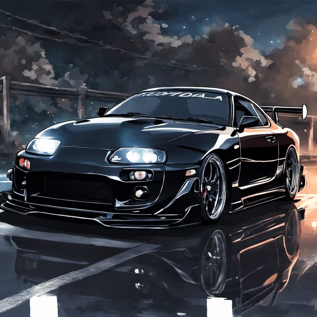 Black Toyota Supra at Night in Anime Art Style