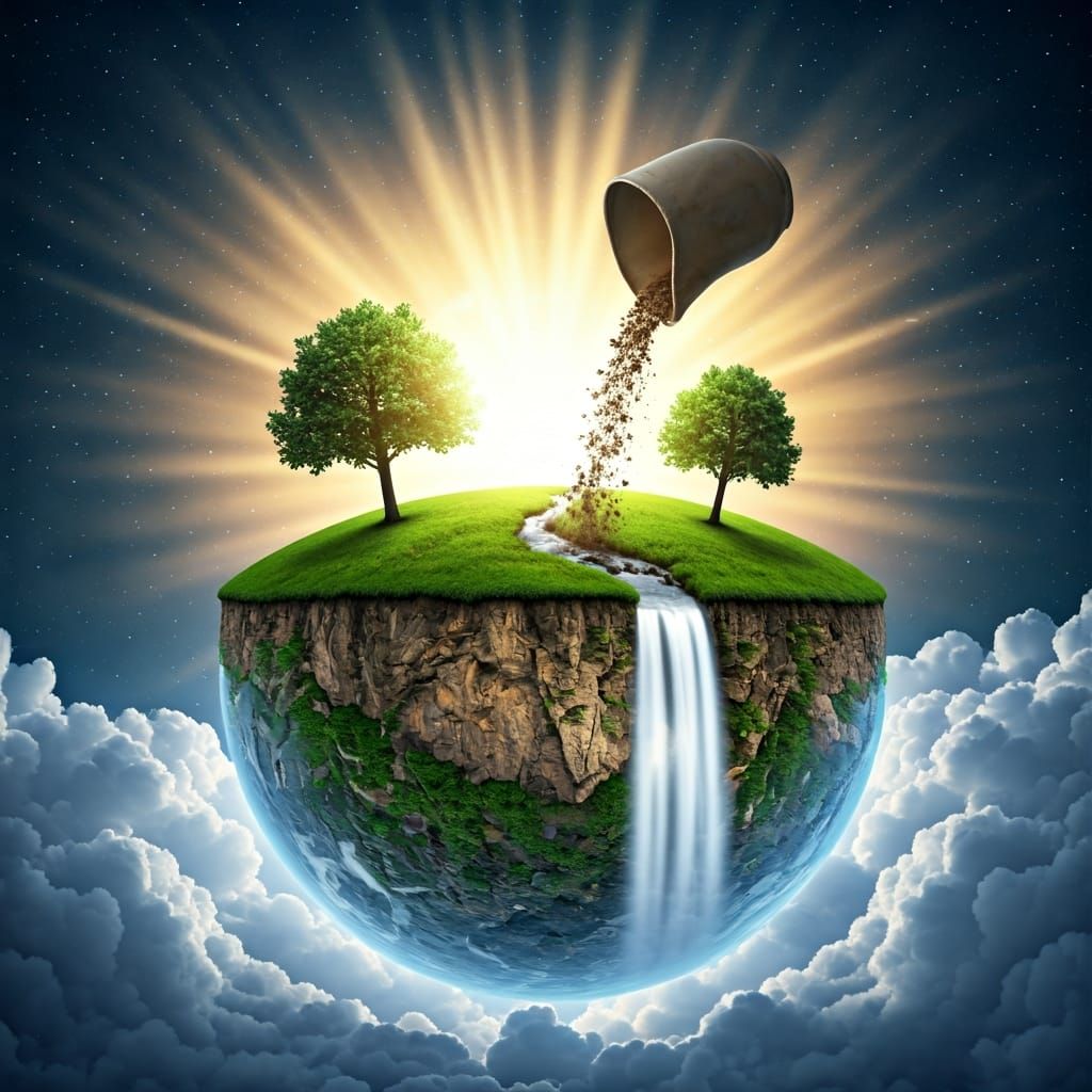 Starry Sphere with Soil, Trees, and Waterfall