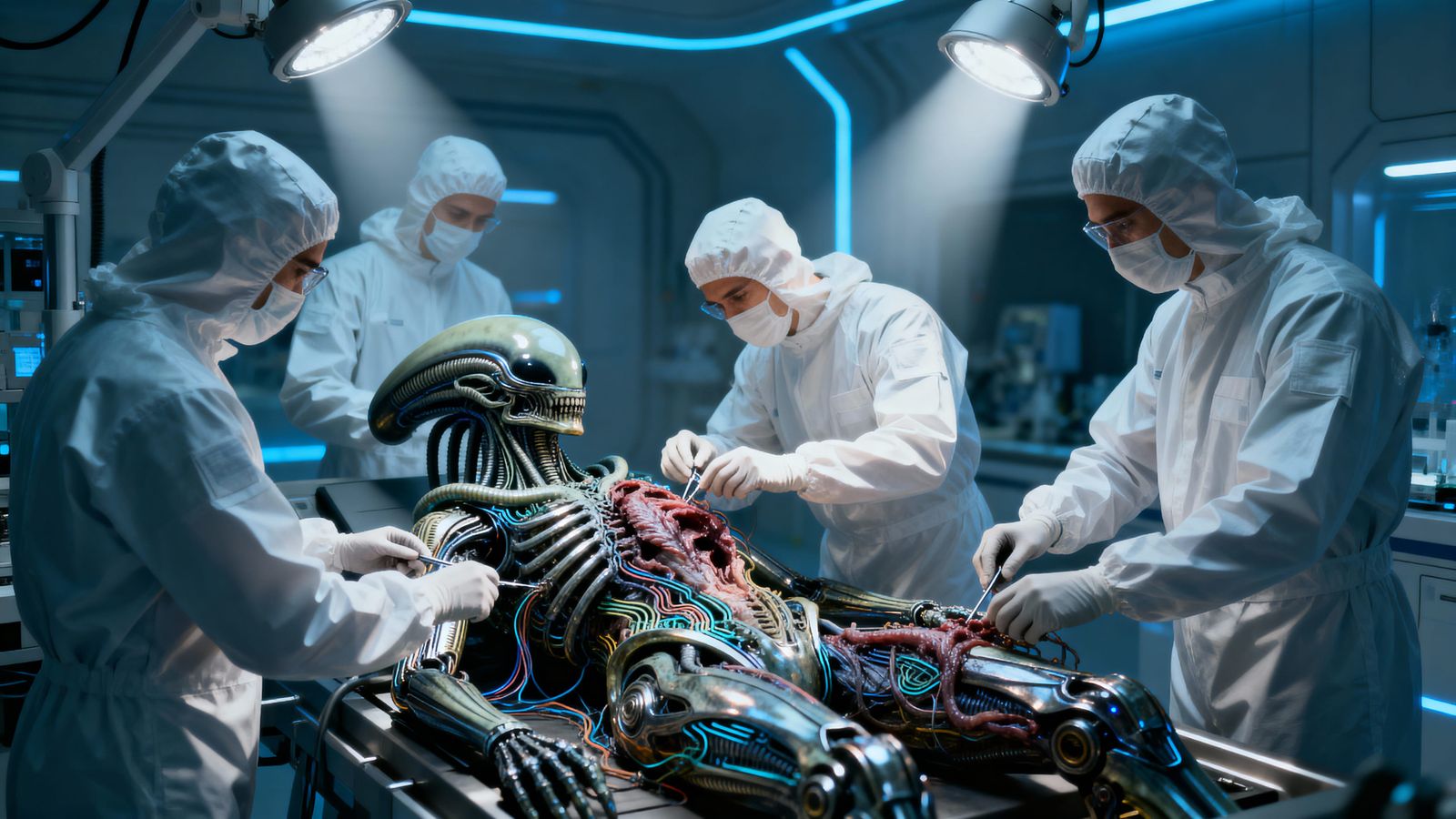 Scientists Autopsy Alien Cyborg in Futuristic Lab