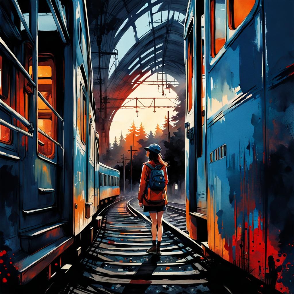 Girl Awaiting Train in Watercolour Style