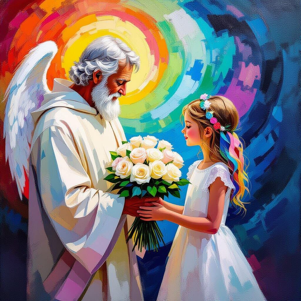 Angel Receives Roses in Vibrant Impasto Abstract Style